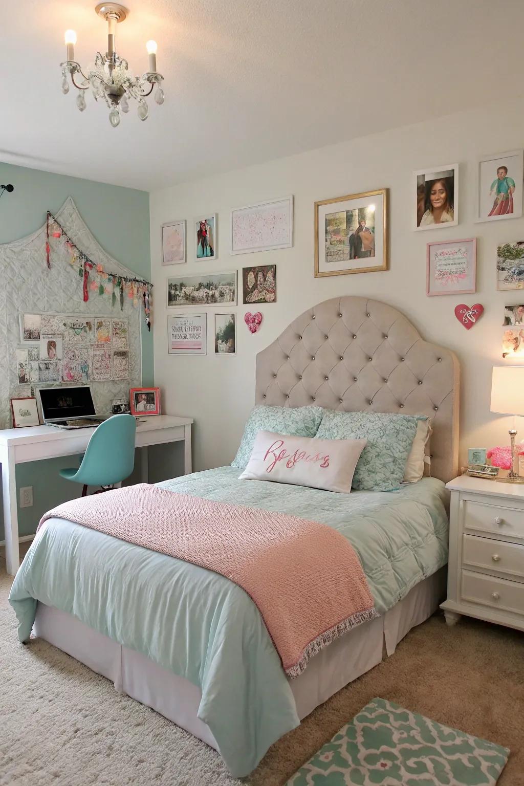 A statement headboard adds elegance and serves as a focal point in the room.