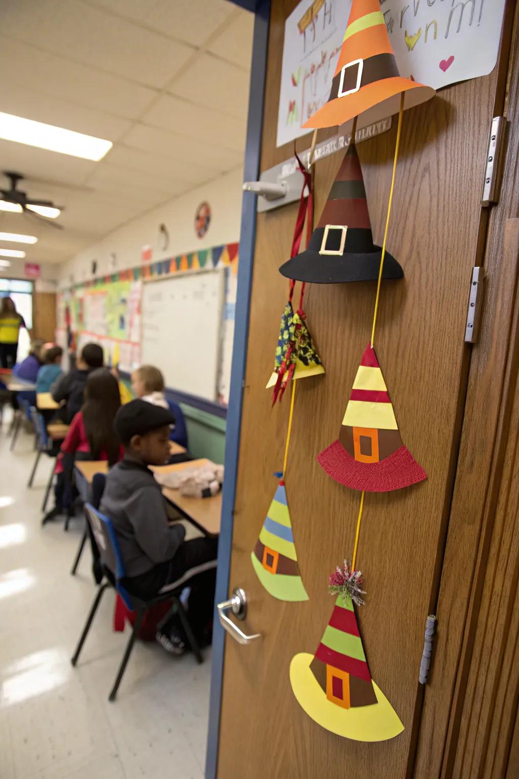 A display of handmade Pilgrim hats, crafted by students in honor of Thanksgiving.