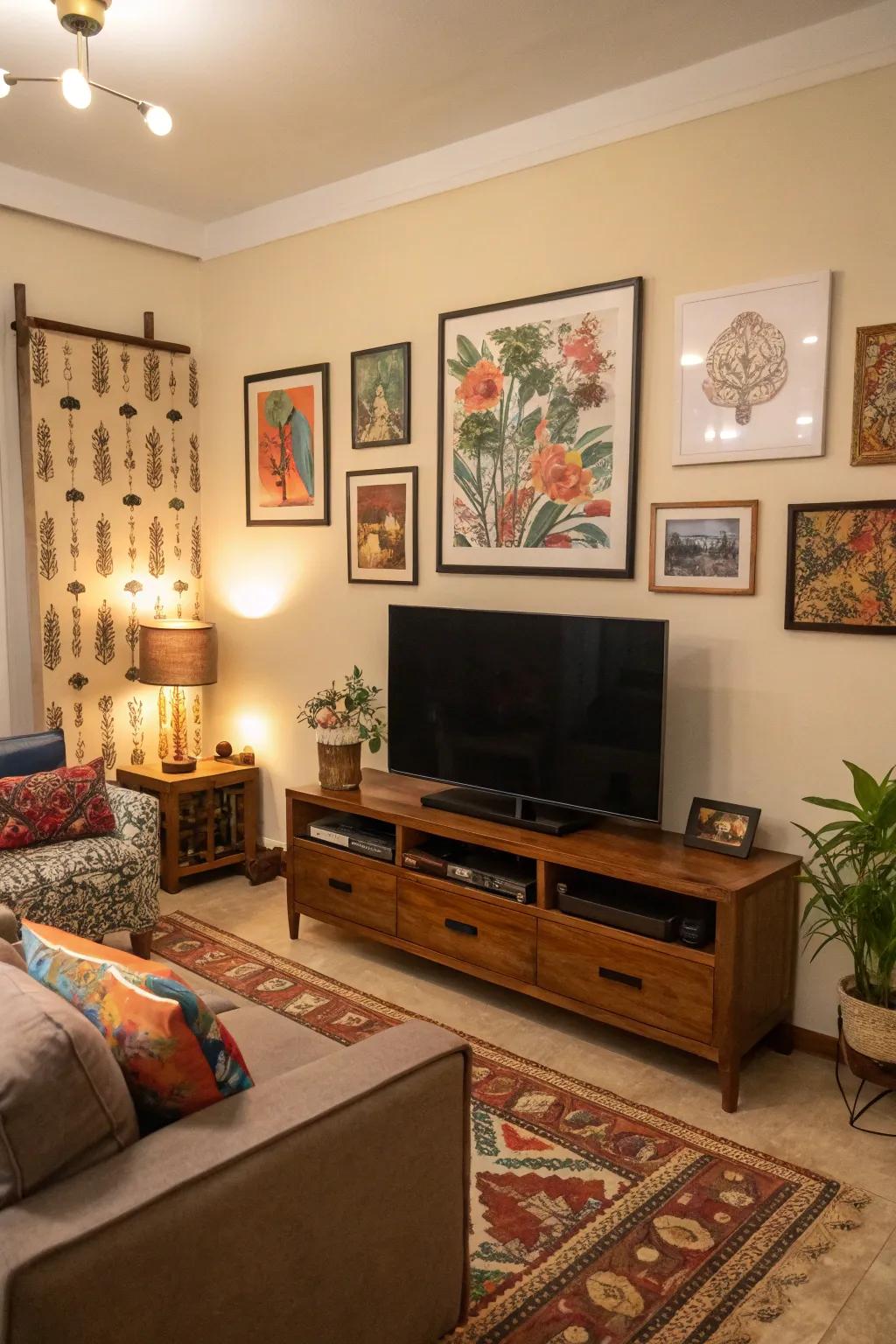 A TV space enriched with ornamental art pieces.