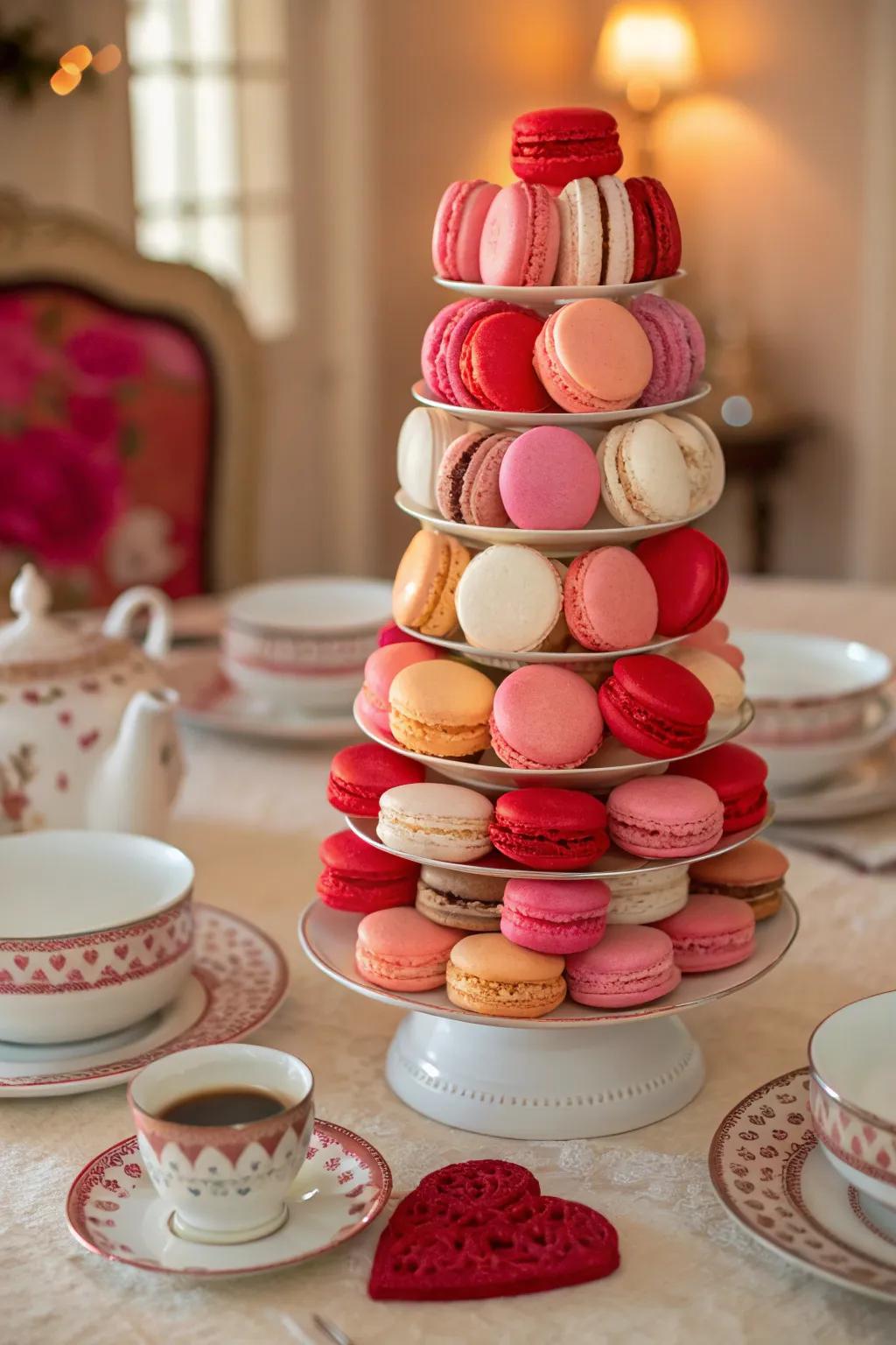 A stunning macaron tower serving as a centerpiece for the tea party.