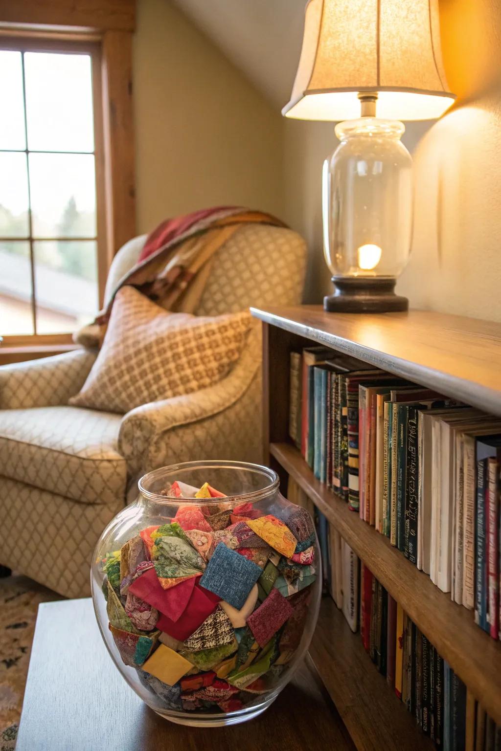 Repurpose textile pieces for a cozy vase visual.