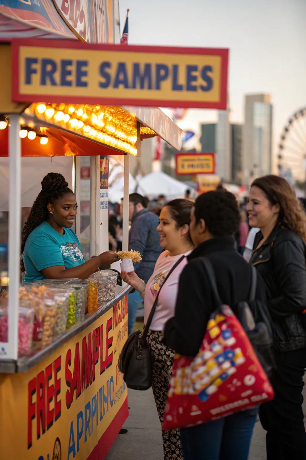 Free samples invite visitors to engage with your booth.