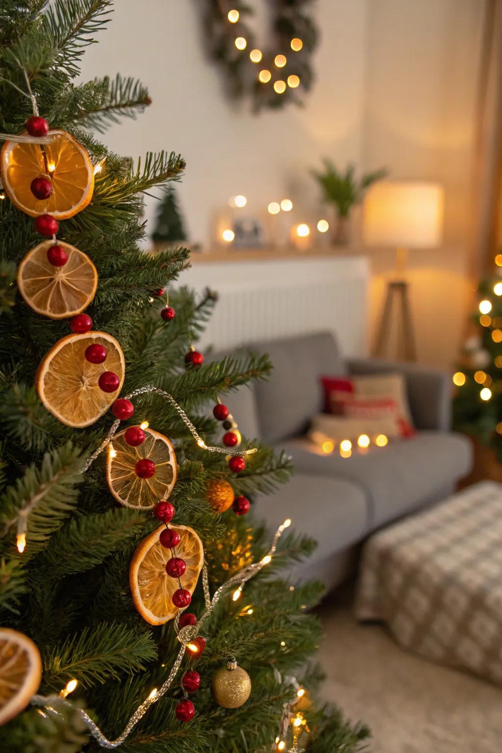 Dried citrus garland adds color and fragrance.