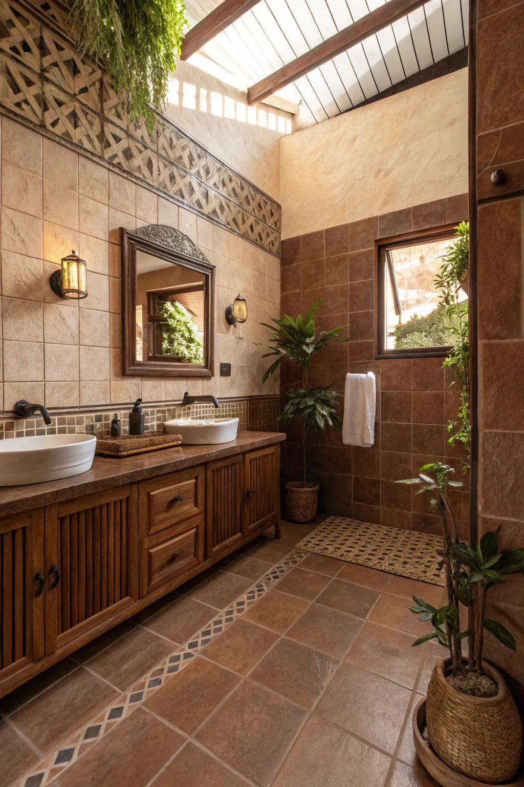 Grounded tones create a steady and unified look with brown tiles.