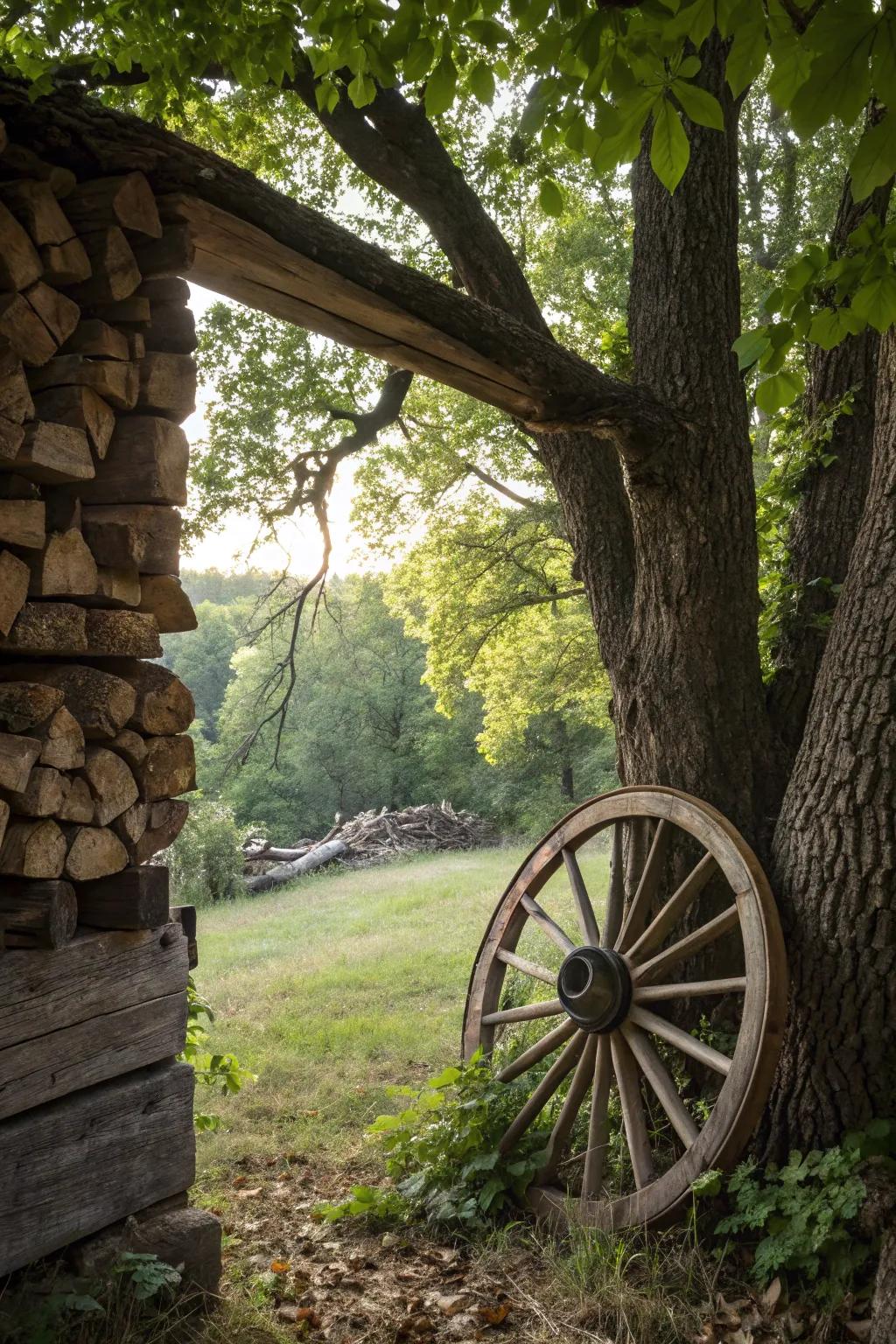 A cartwheel embedded in stacked wood, creating a distinctive window impression.