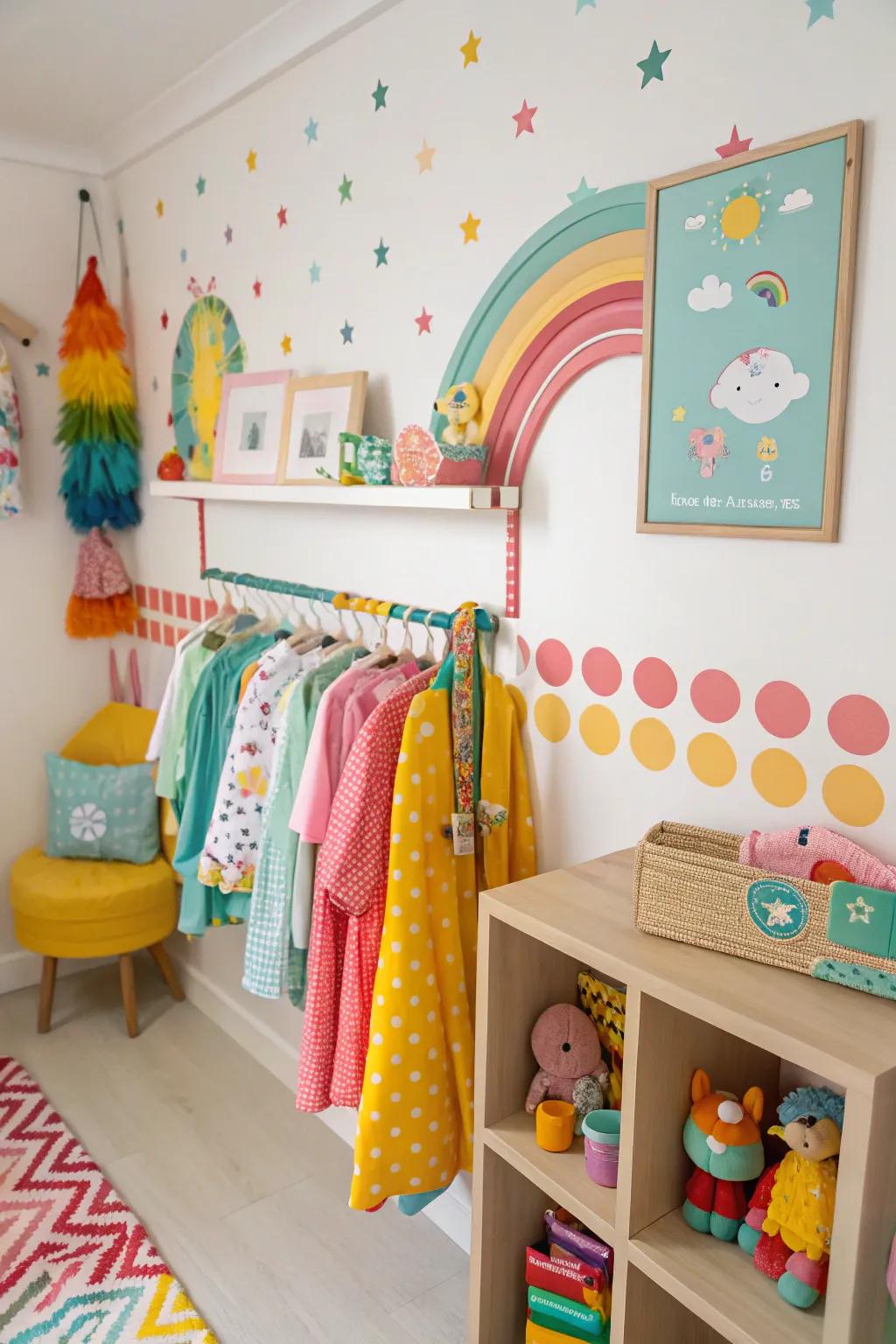 A children's room featuring a colorful wall-mounted clothing rack.