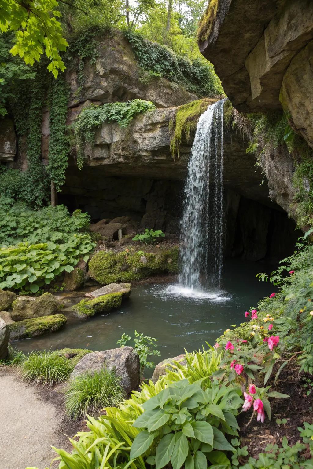 A hidden grotto waterfall offers a mysterious retreat in the garden.