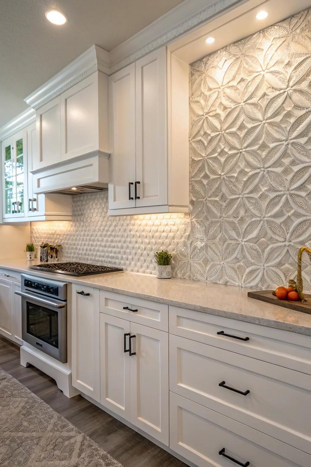 Raised tiles crafting an enchanting focal point within a kitchen featuring white cabinets.