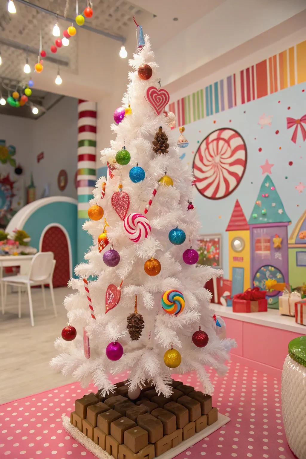 Whimsical candy theme on a white Christmas tree.