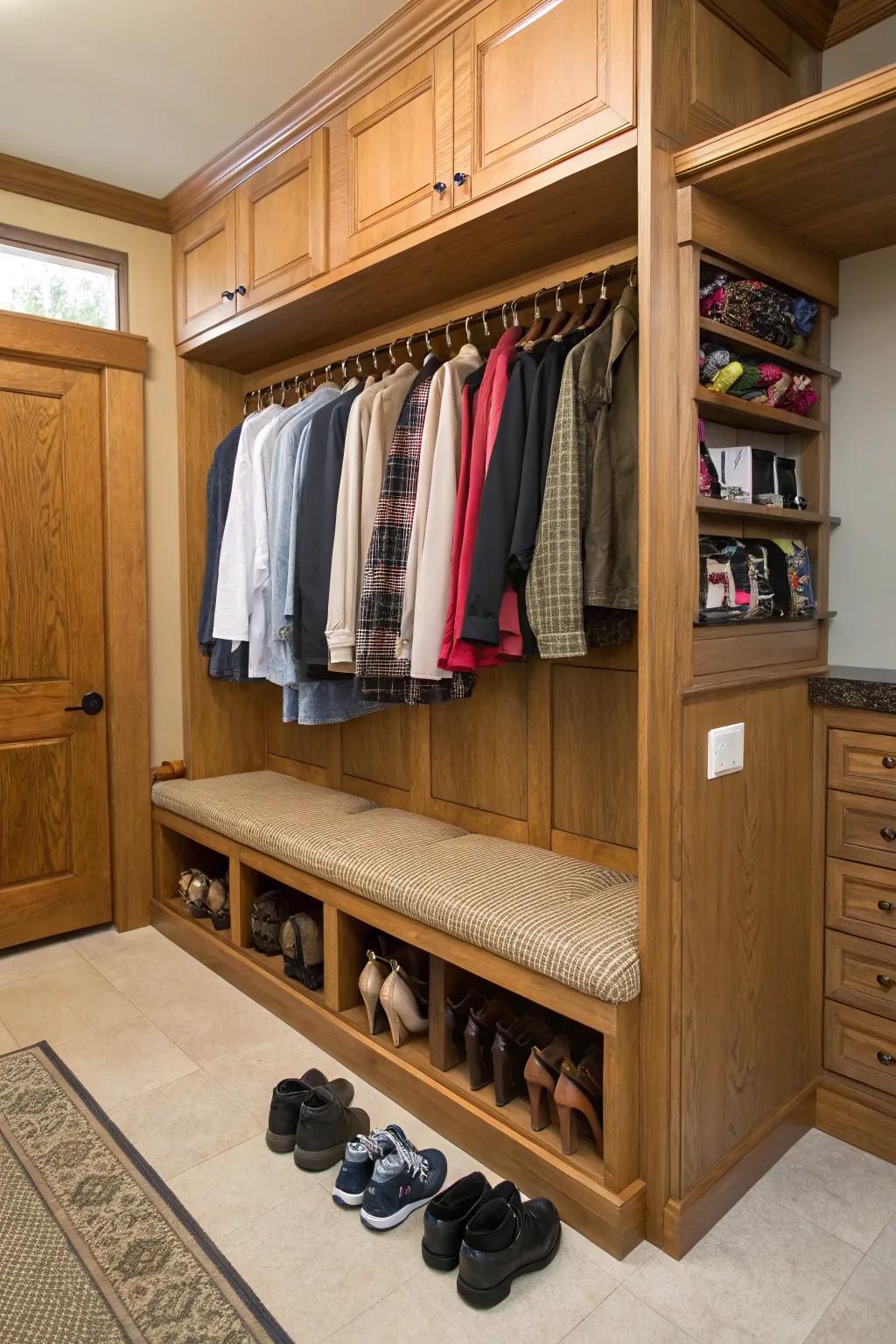 A seating area adds comfort to your closet experience.