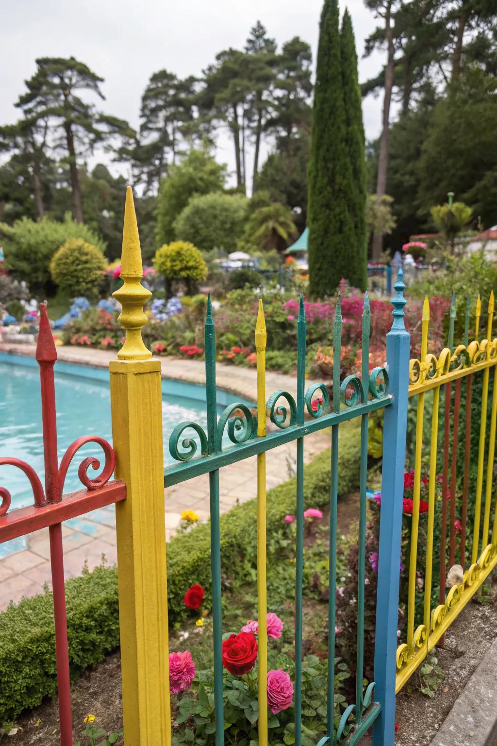 Colorful accents on a metal barrier bring vibrancy to this pool area.