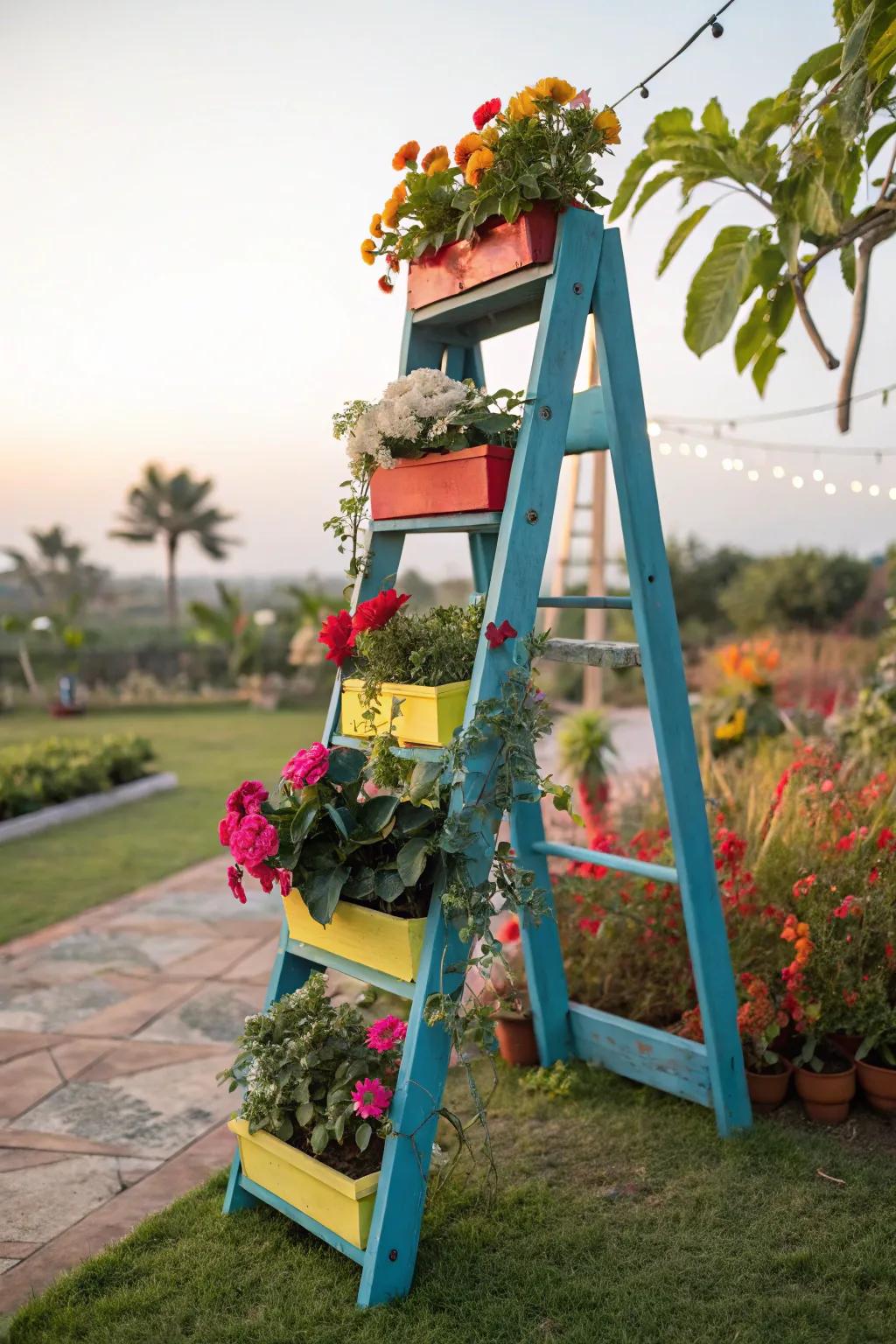 A stepladder plant display brings vertical interest to the garden.