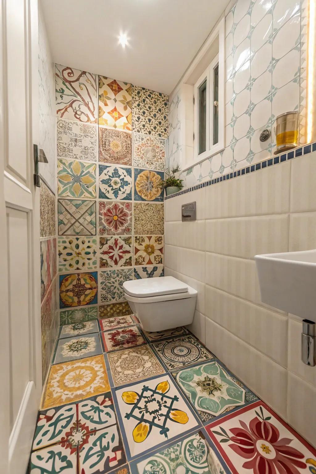 Creative tile patterns adding personality and texture to the bathroom.