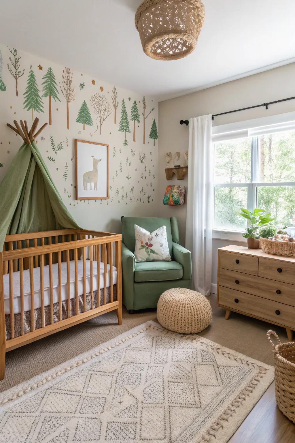 A woodland-themed nursery with earthy tones and forest creatures.