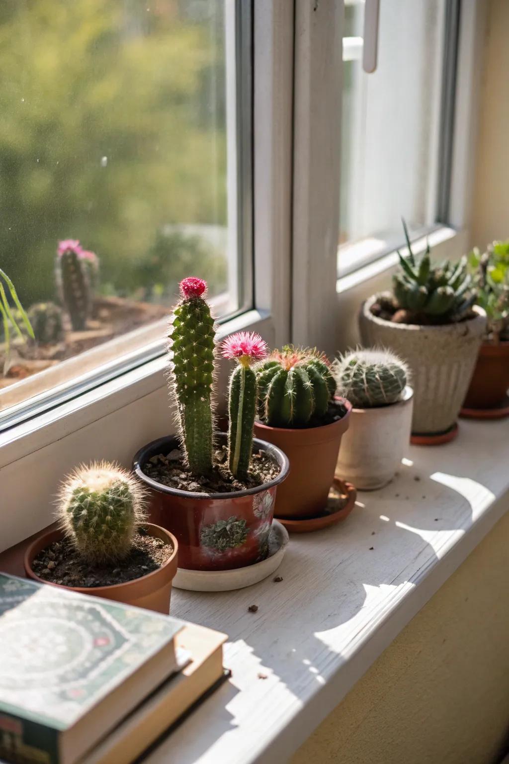 A charming miniature cactus landscape on a windowsill or shelf.