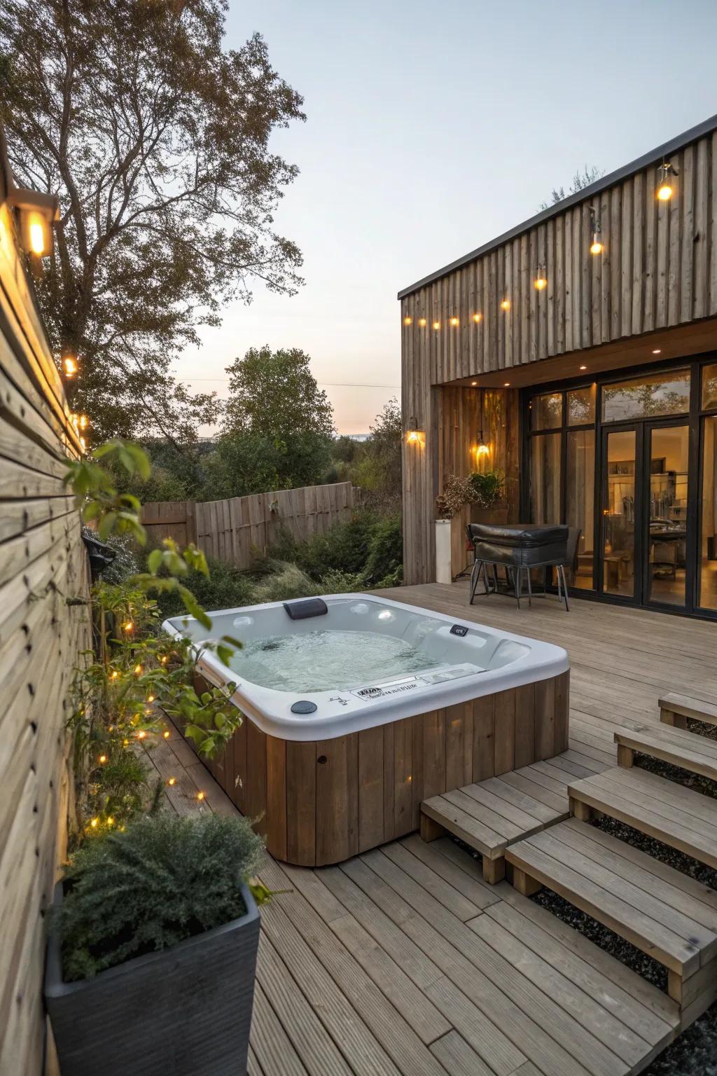 Blend modern and rustic elements for a unique hot tub area.