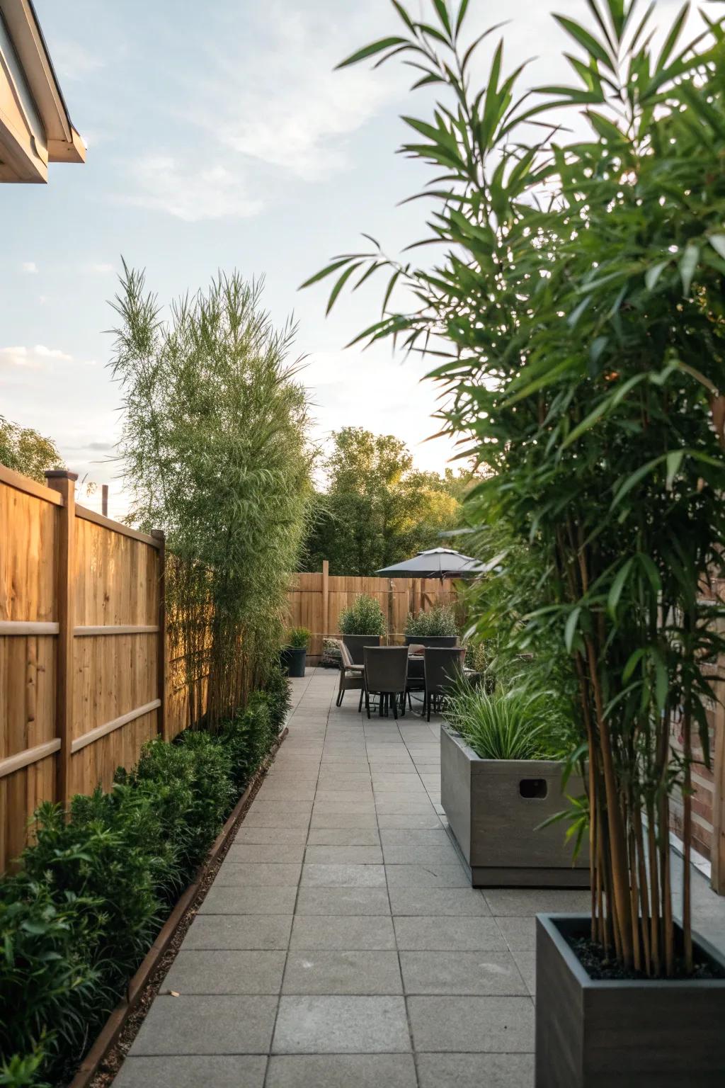 Versatile potted botanicals fashioning a dynamic privacy screen.