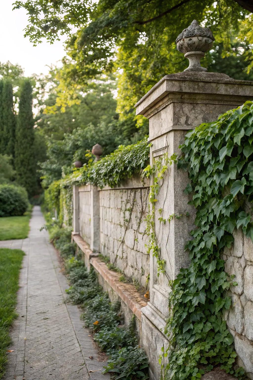 Stone walls with ivy offer a classic look with privacy.