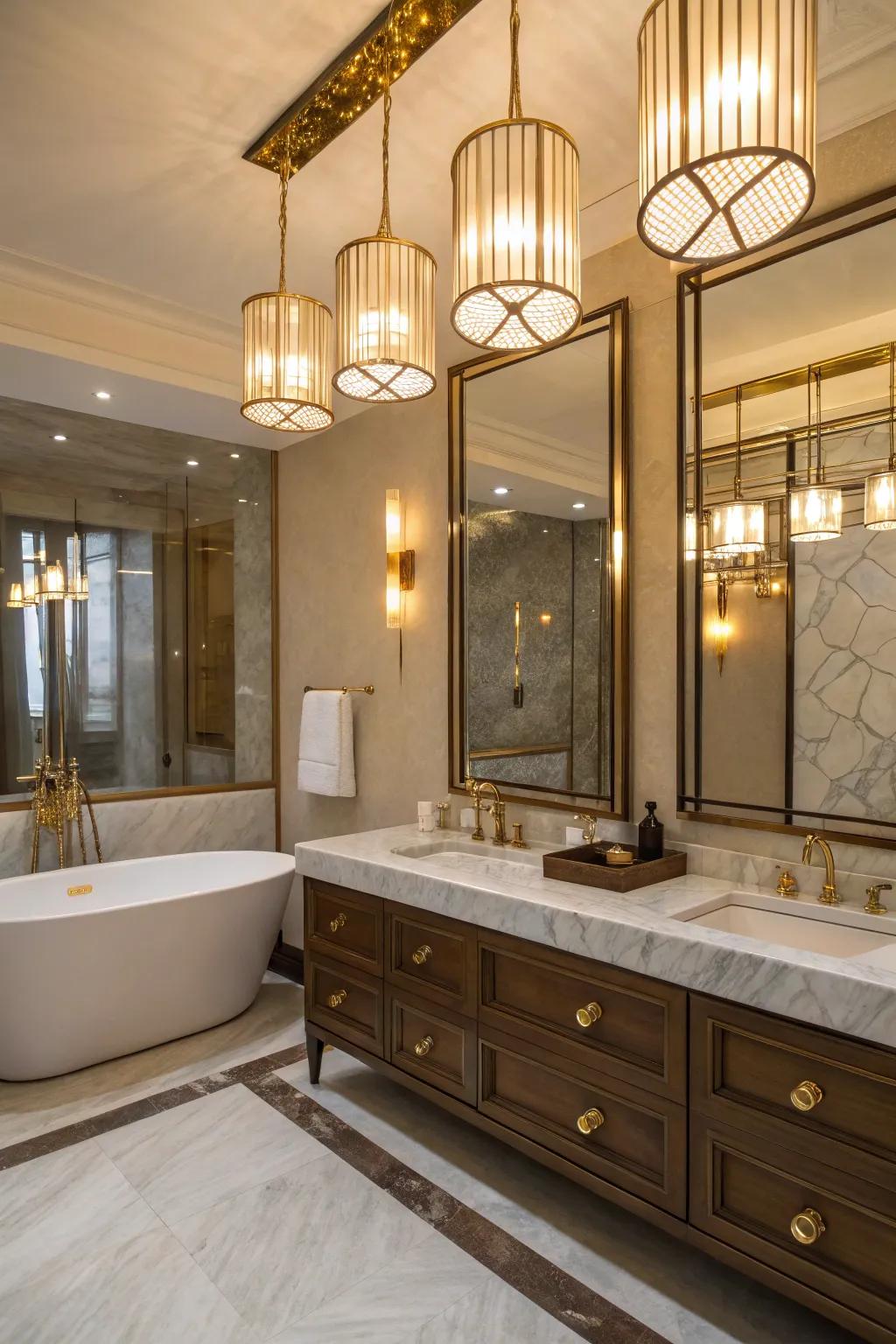 Brass accents add warmth and luxury to bathroom lighting.