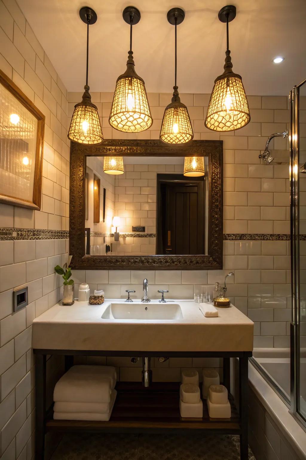 Dramatic lighting elevates the bathroom's overall mood.