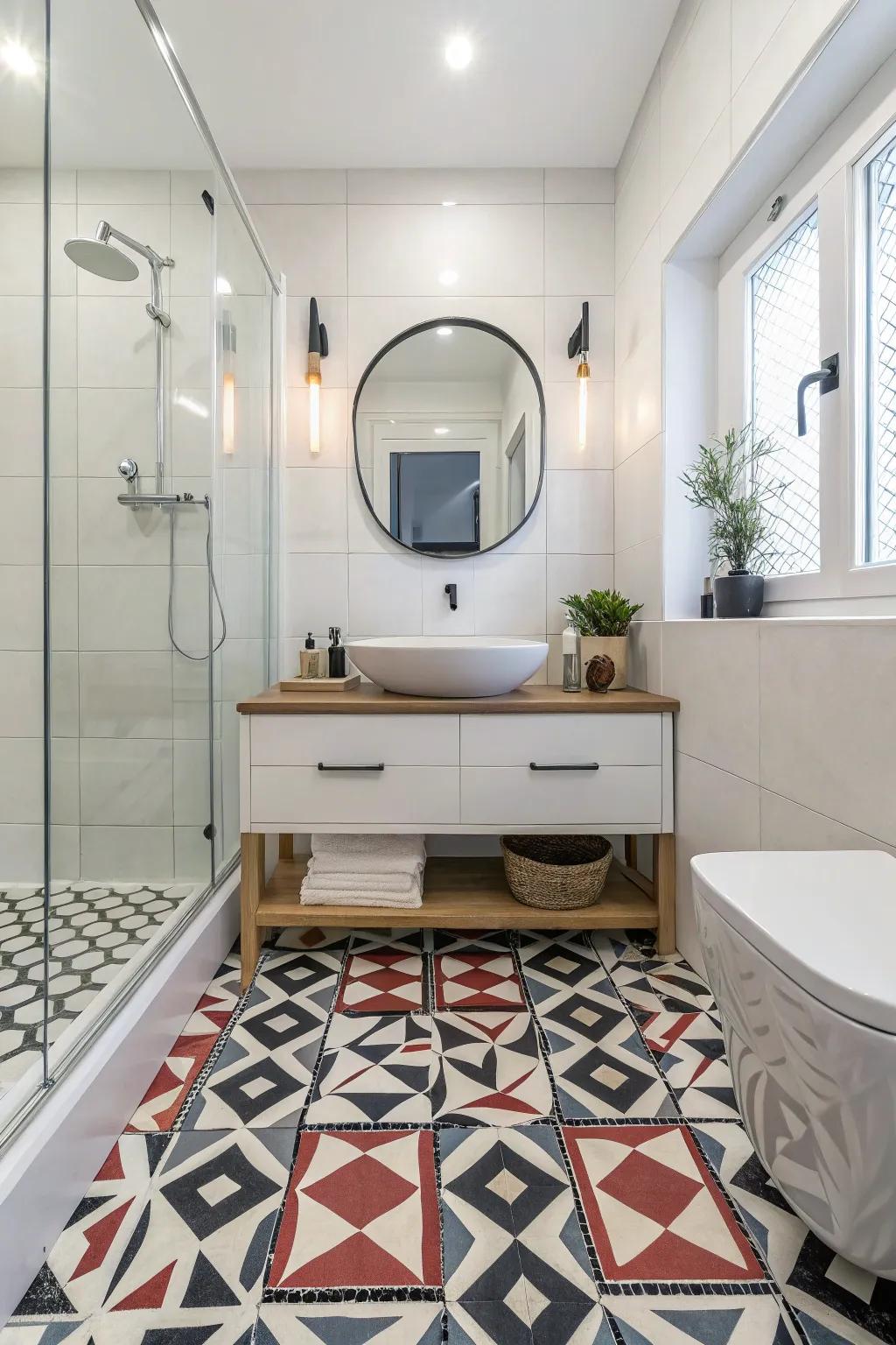 Geometric durable flooring brings a bold, artistic flair to this bathroom.