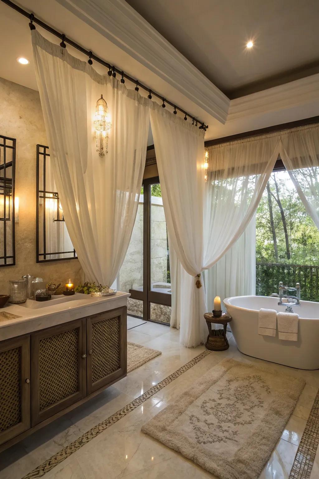 Sheer curtains creating a tranquil, spa-like ambiance in the bathroom.