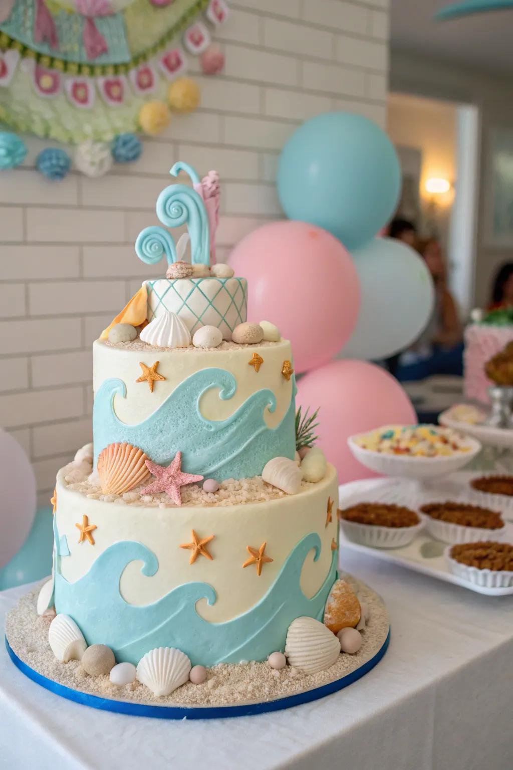 A beach-inspired cake creates a charming dessert centerpiece.