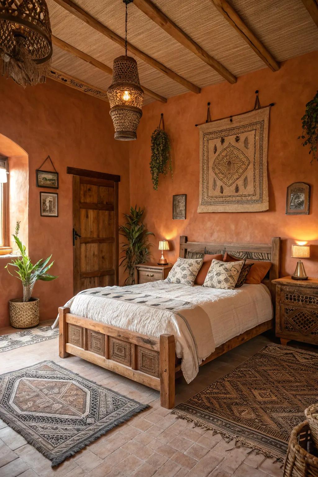 Experience the cozy warmth of terracotta walls in this inviting bedroom setting.