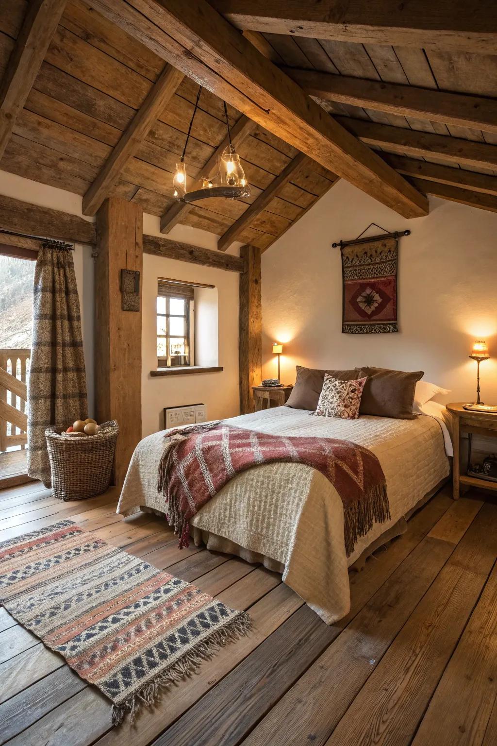 Charming rustic bedroom featuring reclaimed wood floors