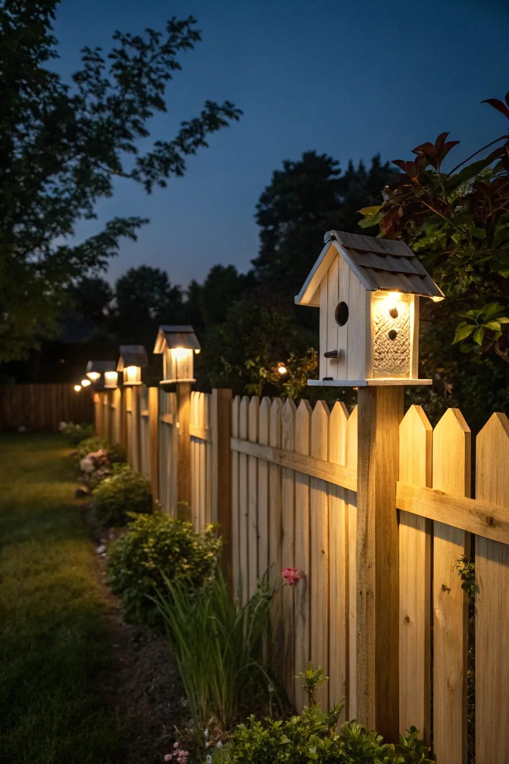 Birdhouse lanterns cast a warm glow over the fence after dark.