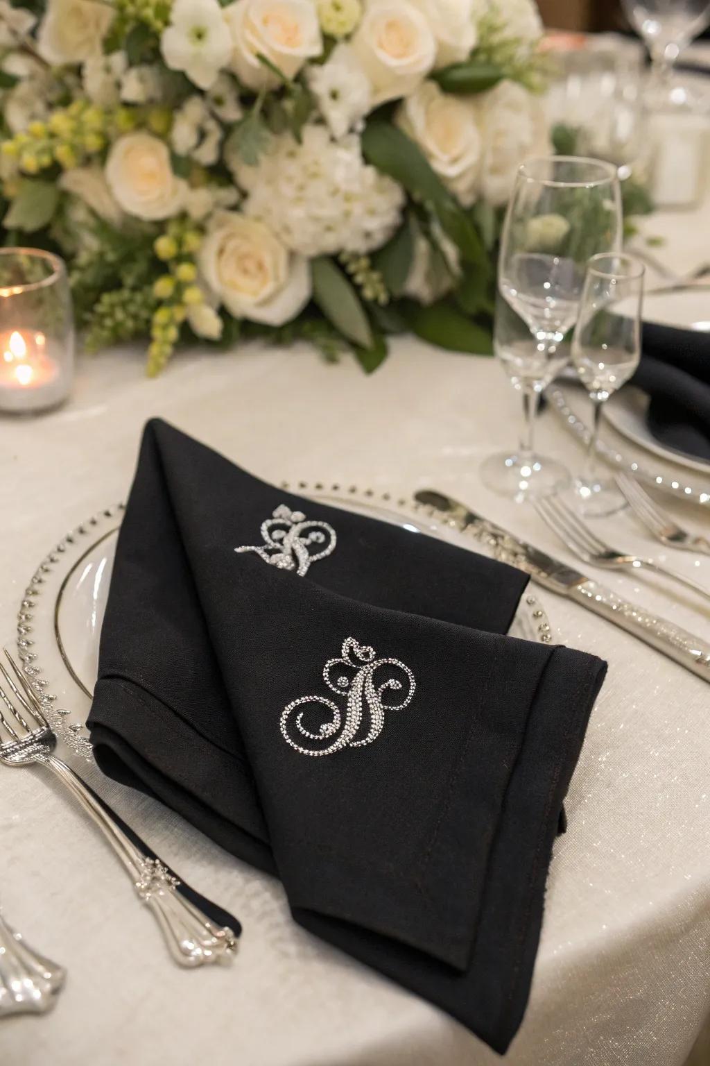 Personalized ebony textile squares featuring argent monogram.