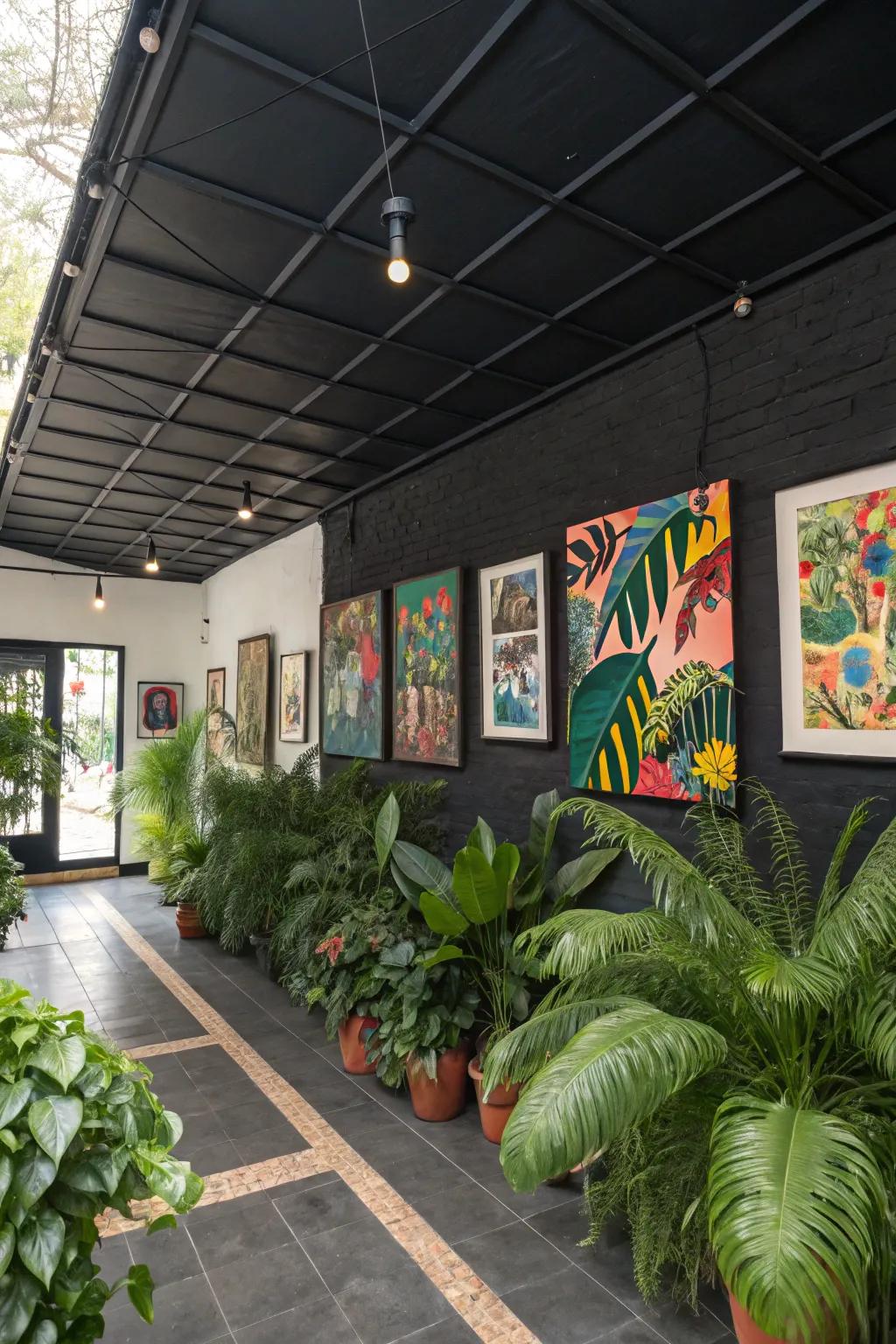 An artistic room where decor enhances a black ceiling.