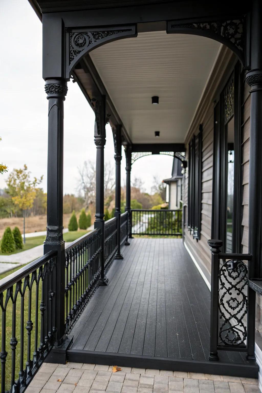 Elegant dark railings framing a chic dark porch.