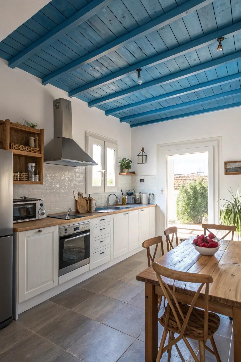 A blue ceiling adds unexpected depth to this kitchen.