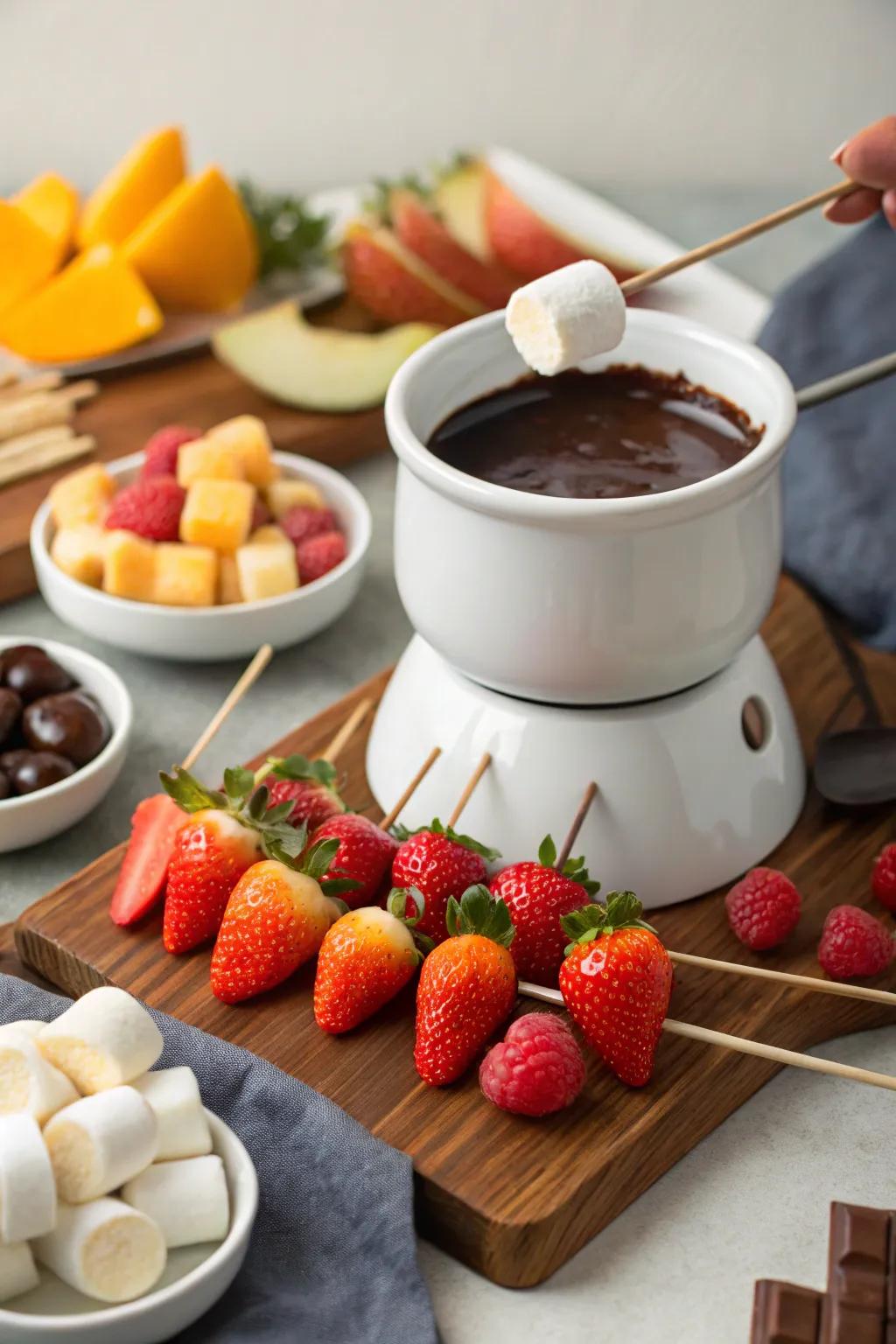 A decadent chocolate fondue station for indulgent dipping.