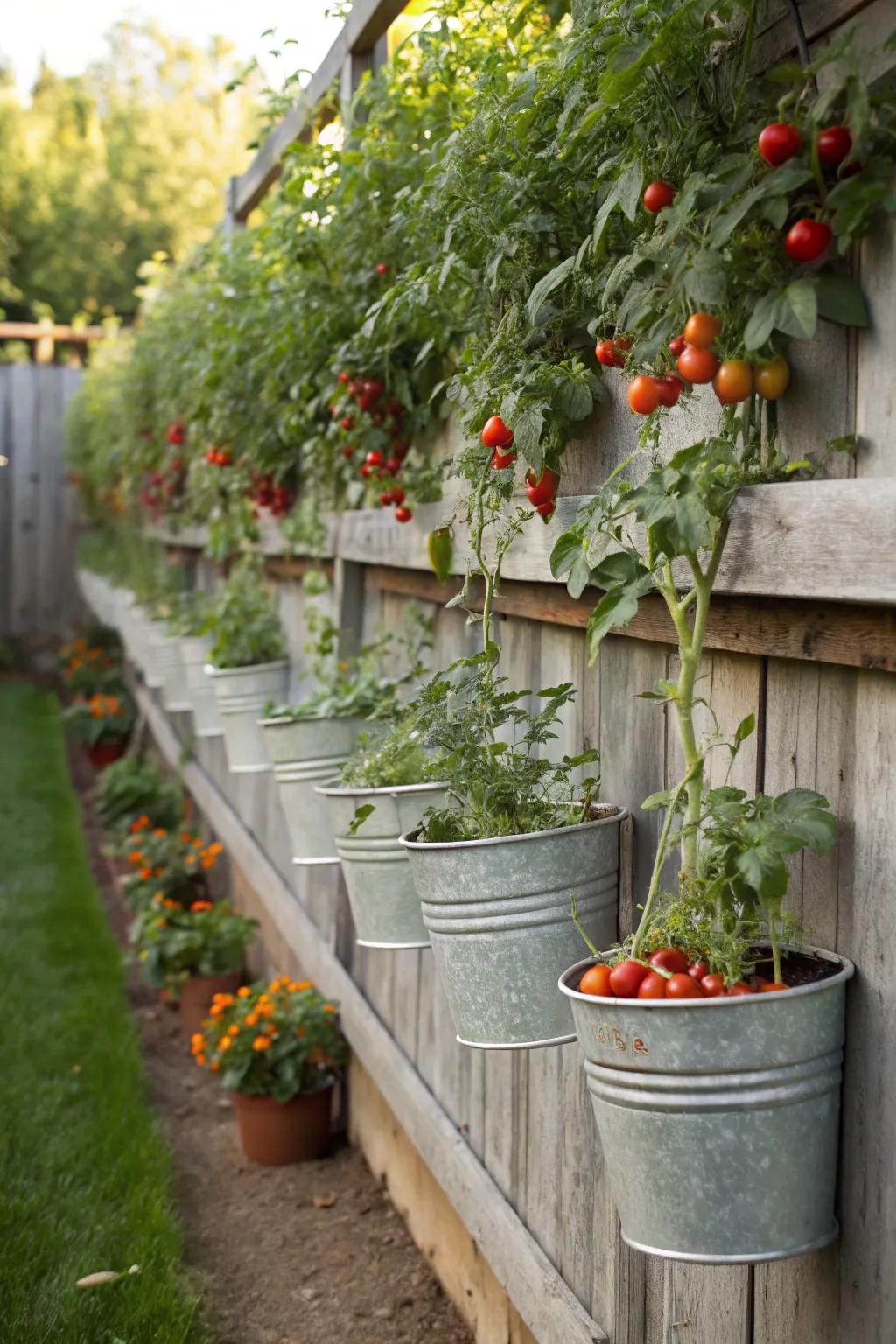 Hanging buckets with trailing tomato plants creating a vertical garden.