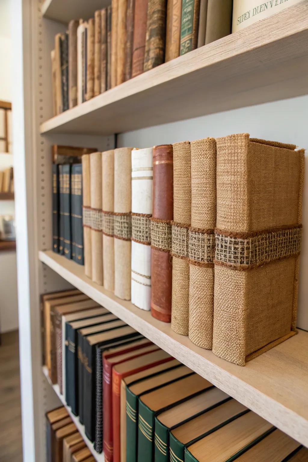 Burlap-wrapped books offer a unique decorative element.