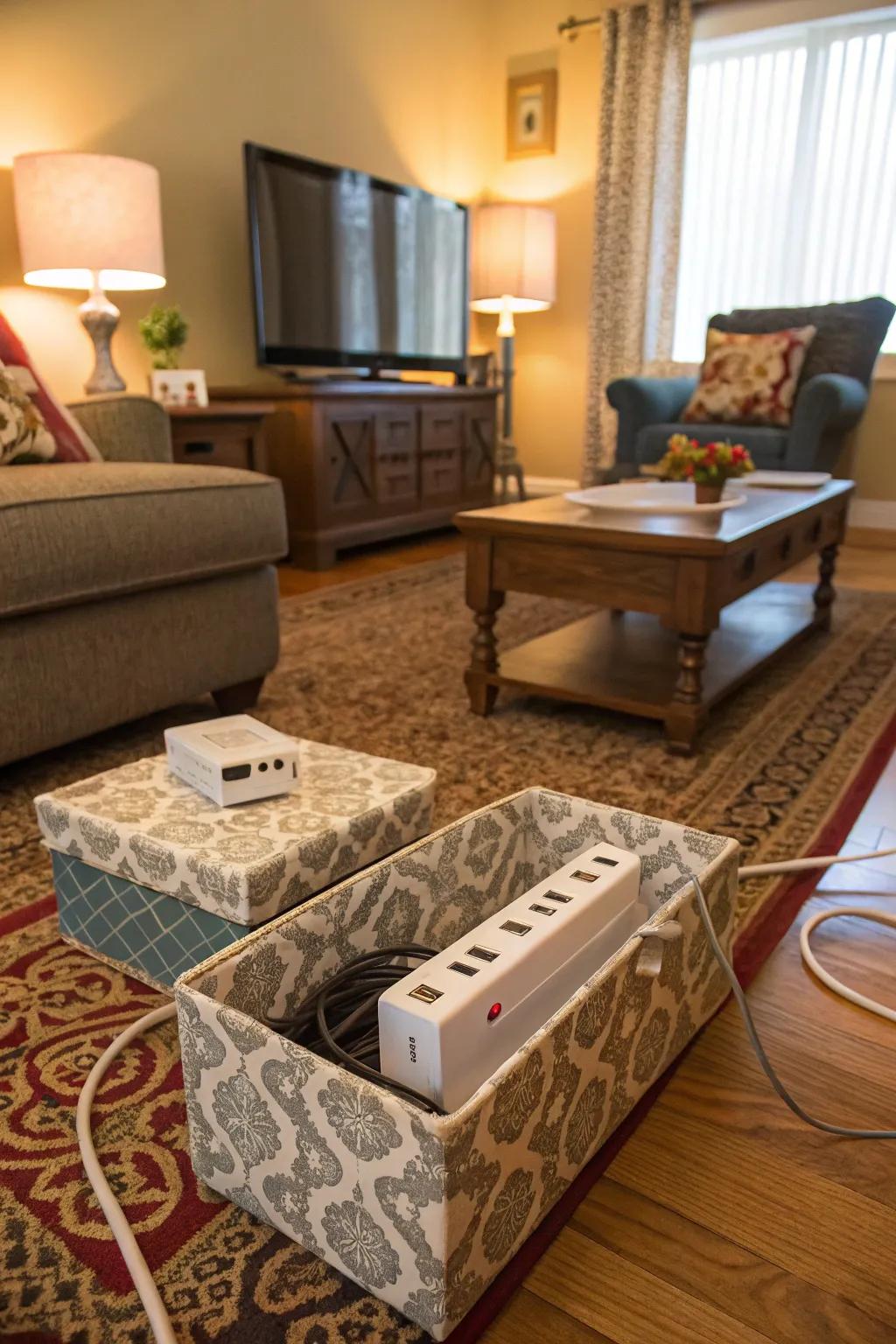 Stylish ornamental boxes conceal power strips.