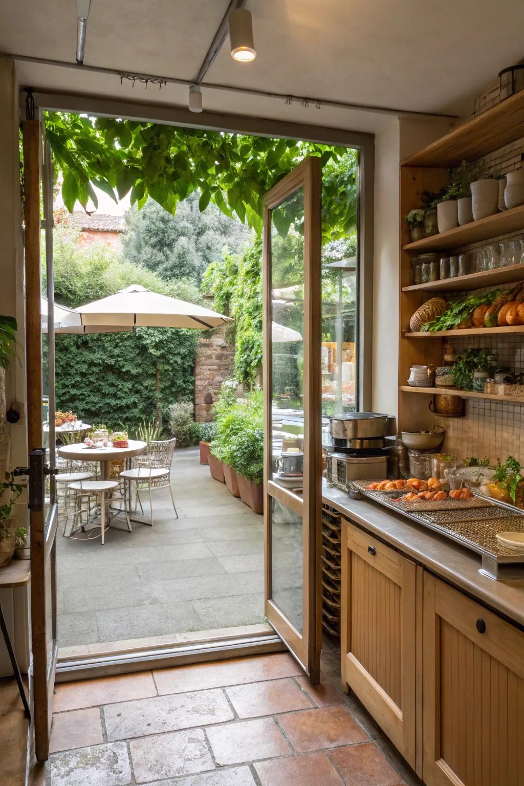 A cafe kitchen seamlessly blending indoor and outdoor spaces.