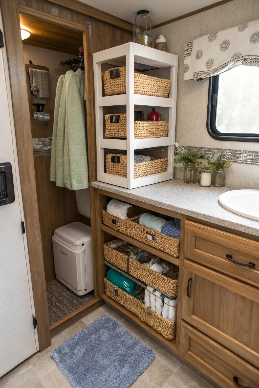 Hidden baskets providing discreet storage for bathroom essentials.