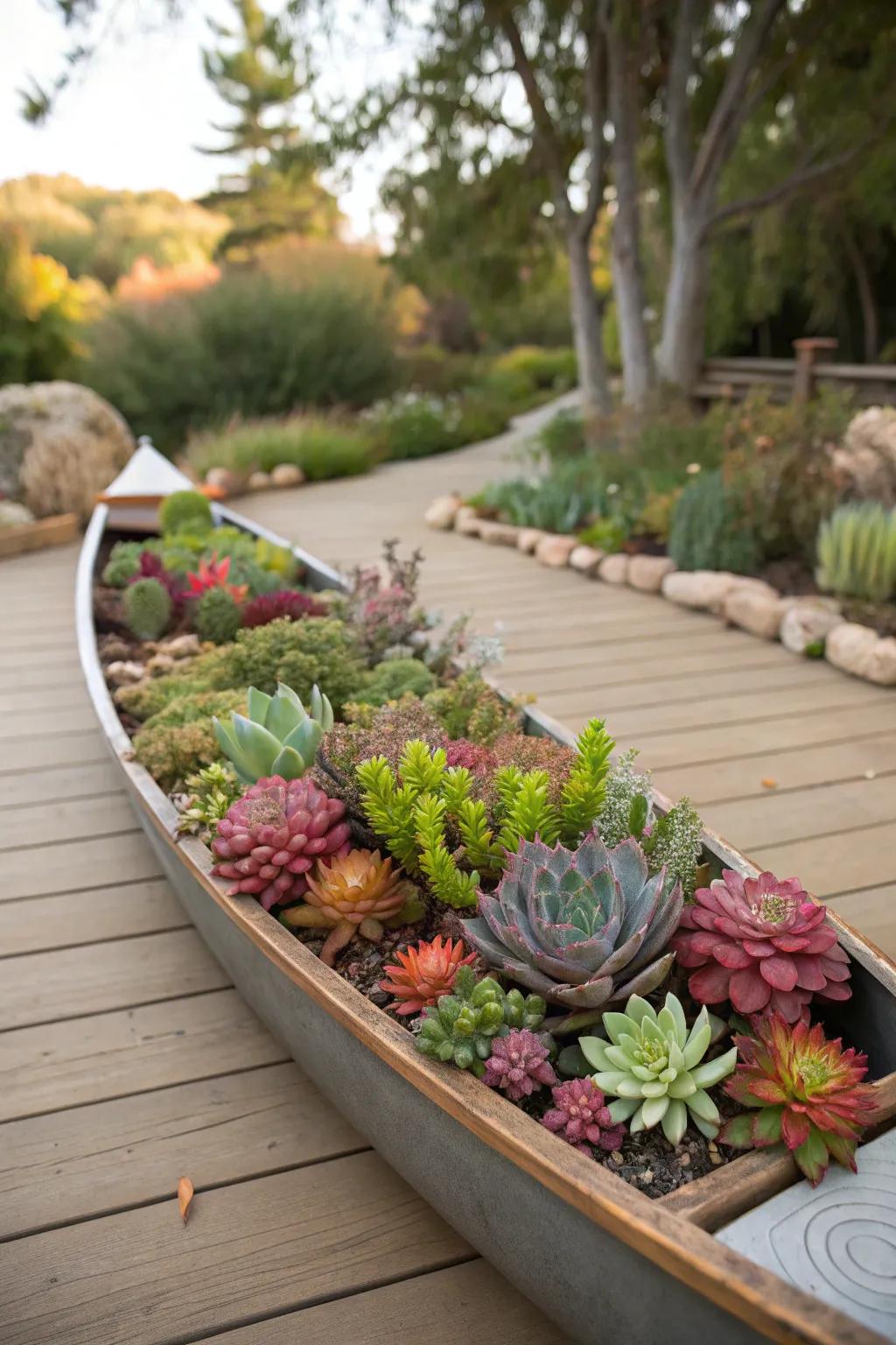 Succulents create an easy-care, visually striking canoe planter.