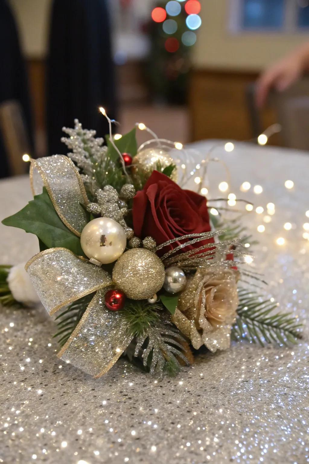 A glamorous Christmas corsage with glittering accents.