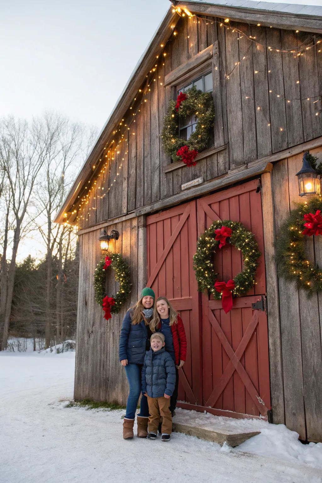 A pastoral barn offers a charming scene for holiday photos.