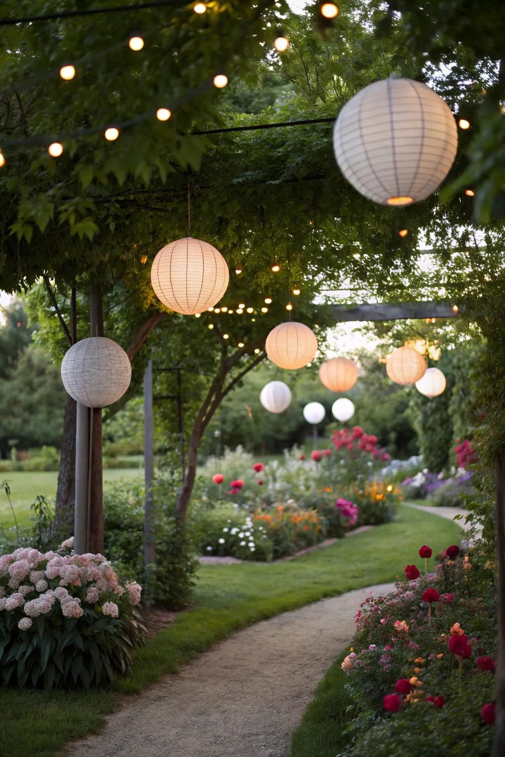 Light balls beautifully enhancing the garden's festive atmosphere.