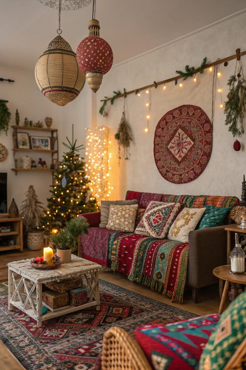 Bohemian bliss with artistic Christmas decor.