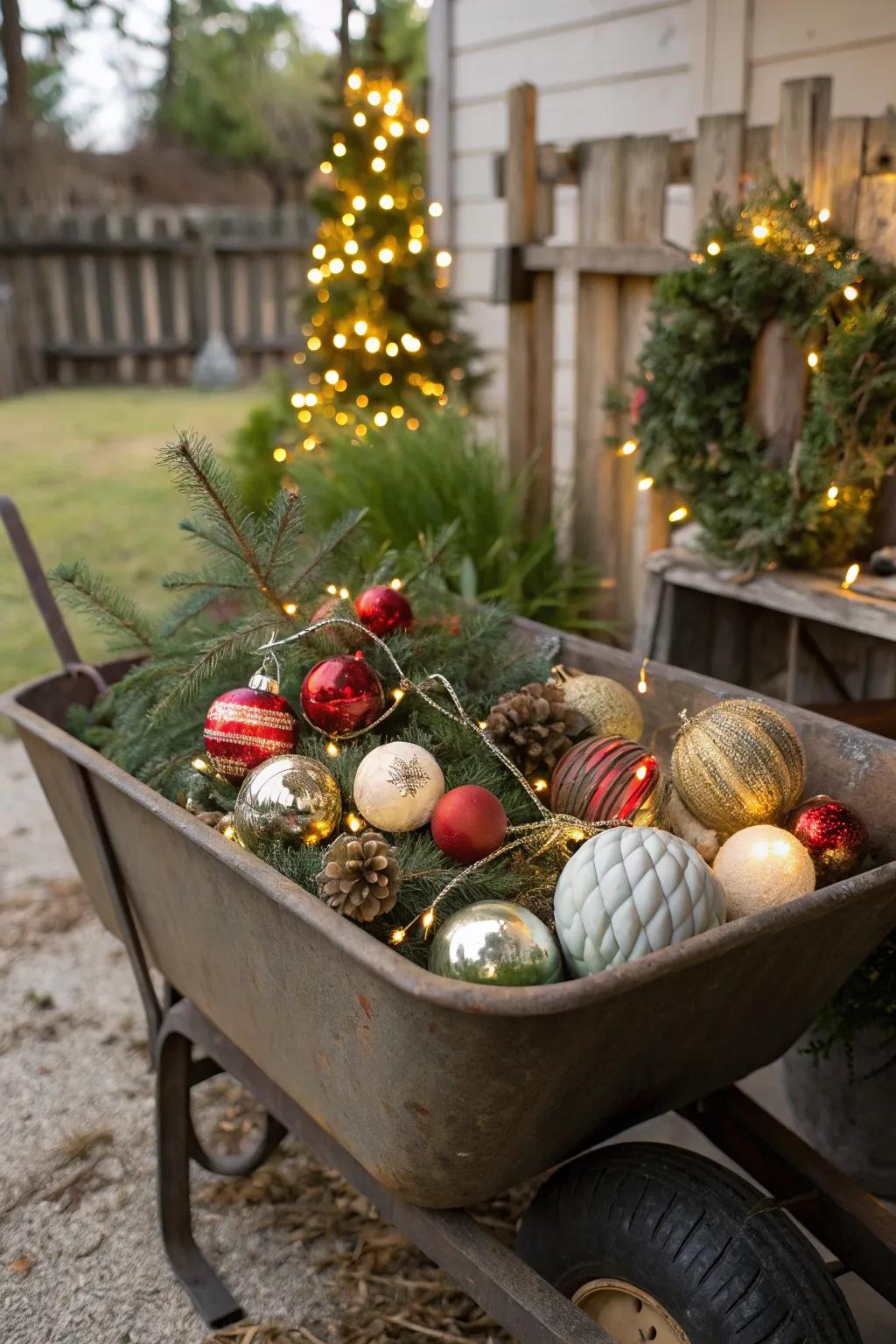 A nostalgic display of vintage ornaments in a wheelbarrow.