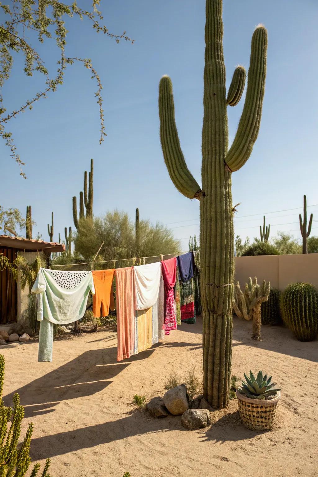 An artistic clothesline shaped like a cactus for a fun twist.