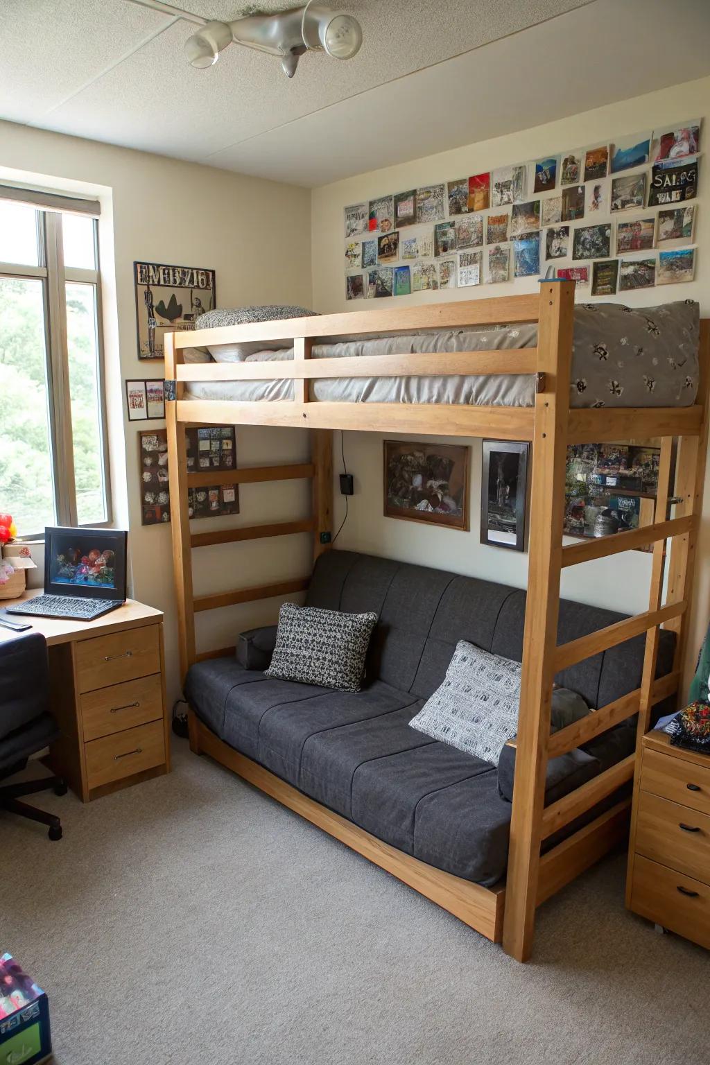 A futon under the high-rise bed adds seating and sleeping space.