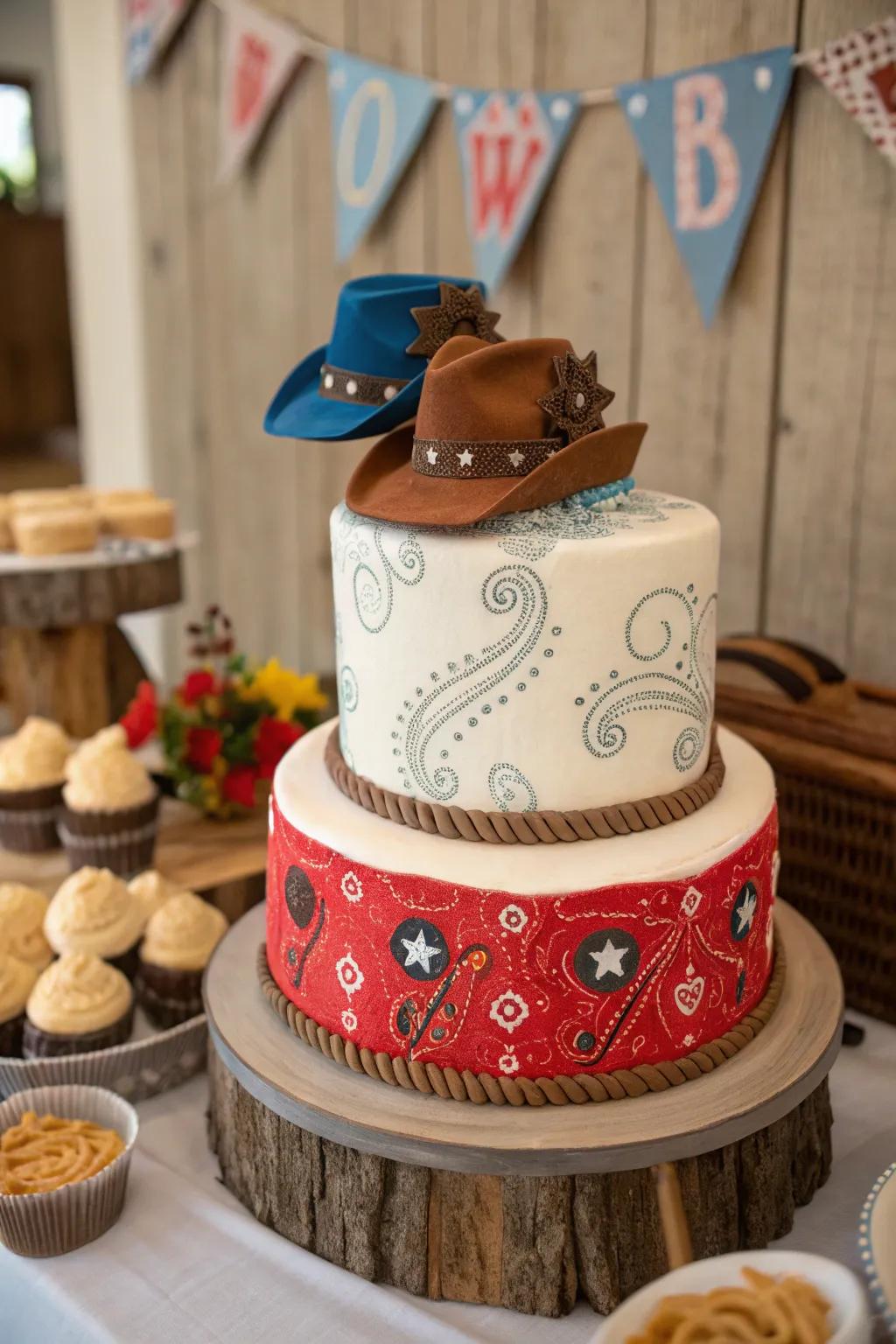 A bandana design appends a splash of color and classic cowgirl style to this cake, enhancing its visual charm.
