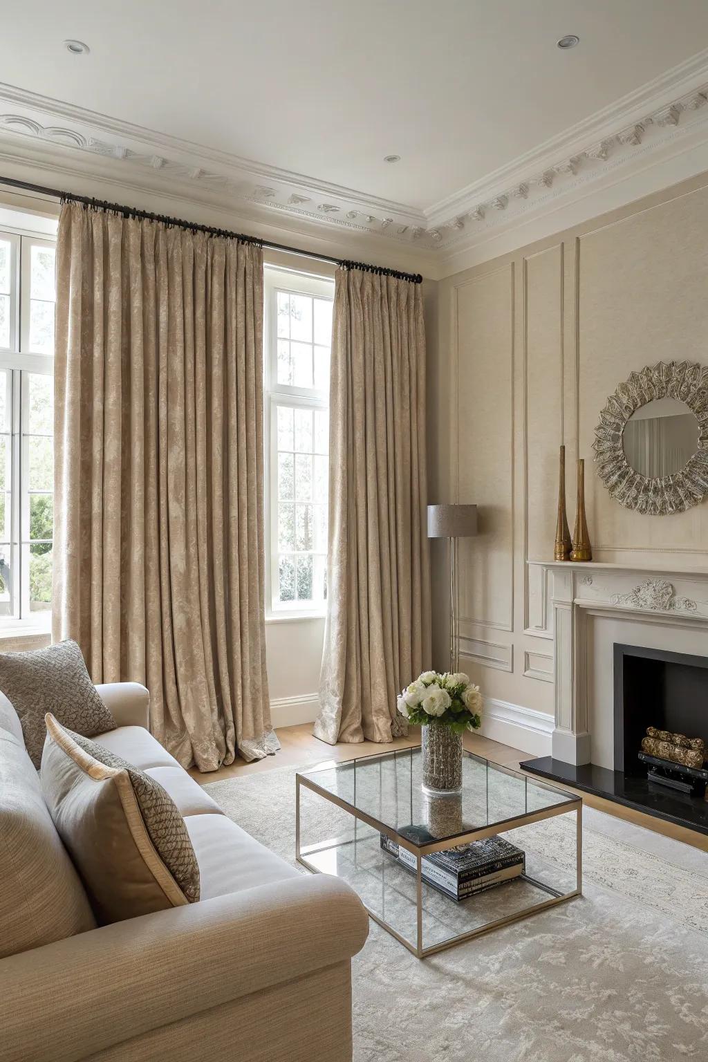 Matching curtains create a harmonious and elegant space.
